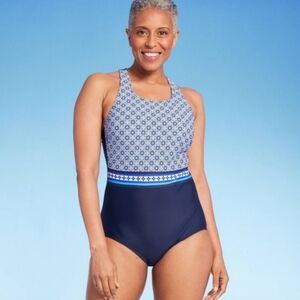 Lands End One Piece Swimsuit UPF 50+ Full Coverage Geo Border Print Navy Blue XS